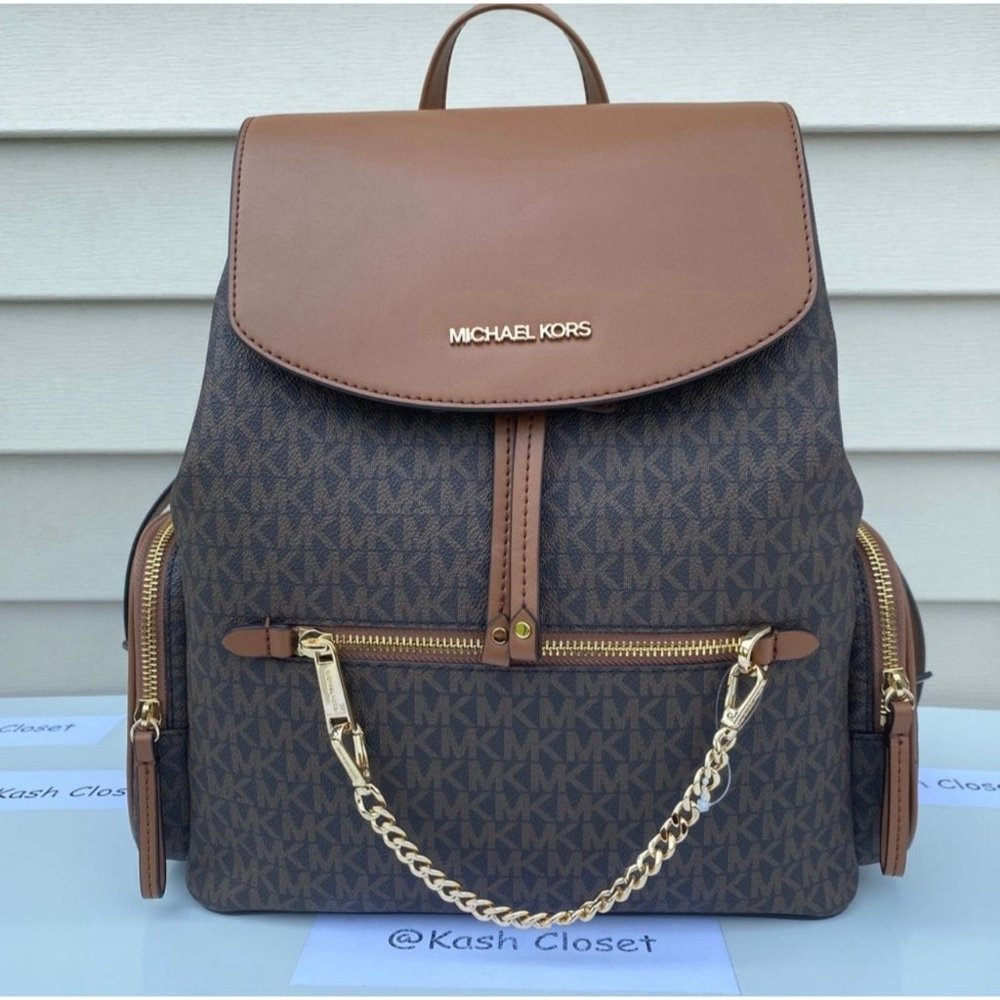 Michael Kors Backpack Jet Set MK Logo Large Chain Backpack Brown - Picture 3 of 11
